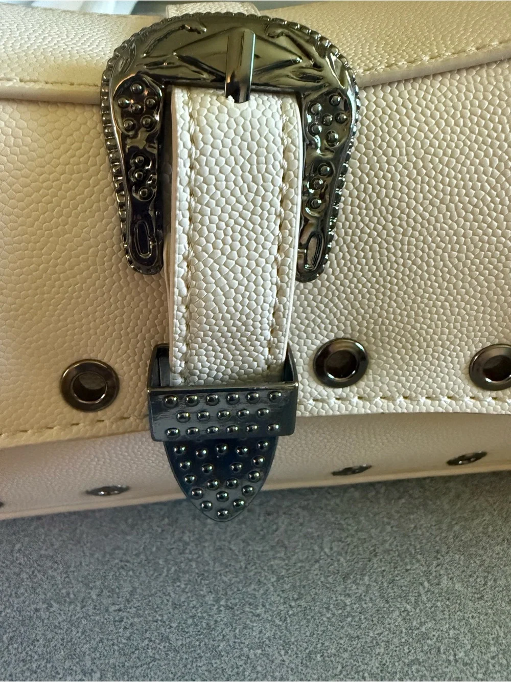 Betsey Johnson Cream Shoulder Bag with Stud & Buckle Detail